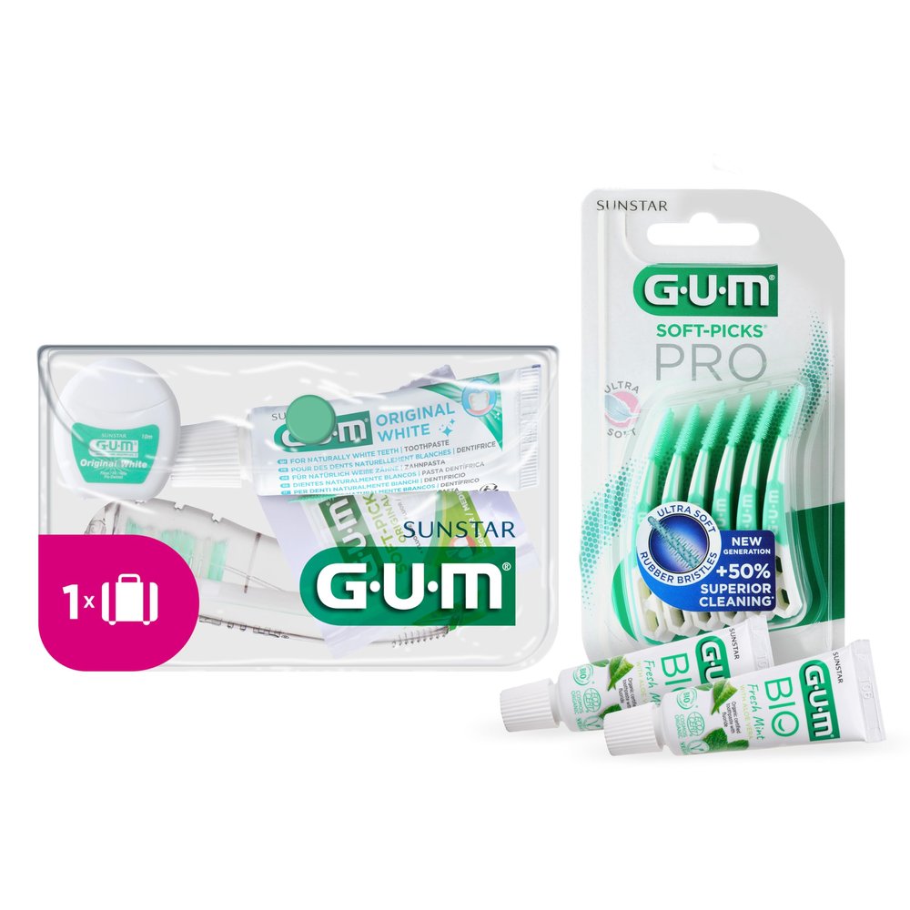 GUM Travel Kit | Foldable Toothbrush | Original White Toothpaste | White Dental Floss | 2 Soft-Picks Original | 1 Travel Kit (with 2 Bonus Samples)