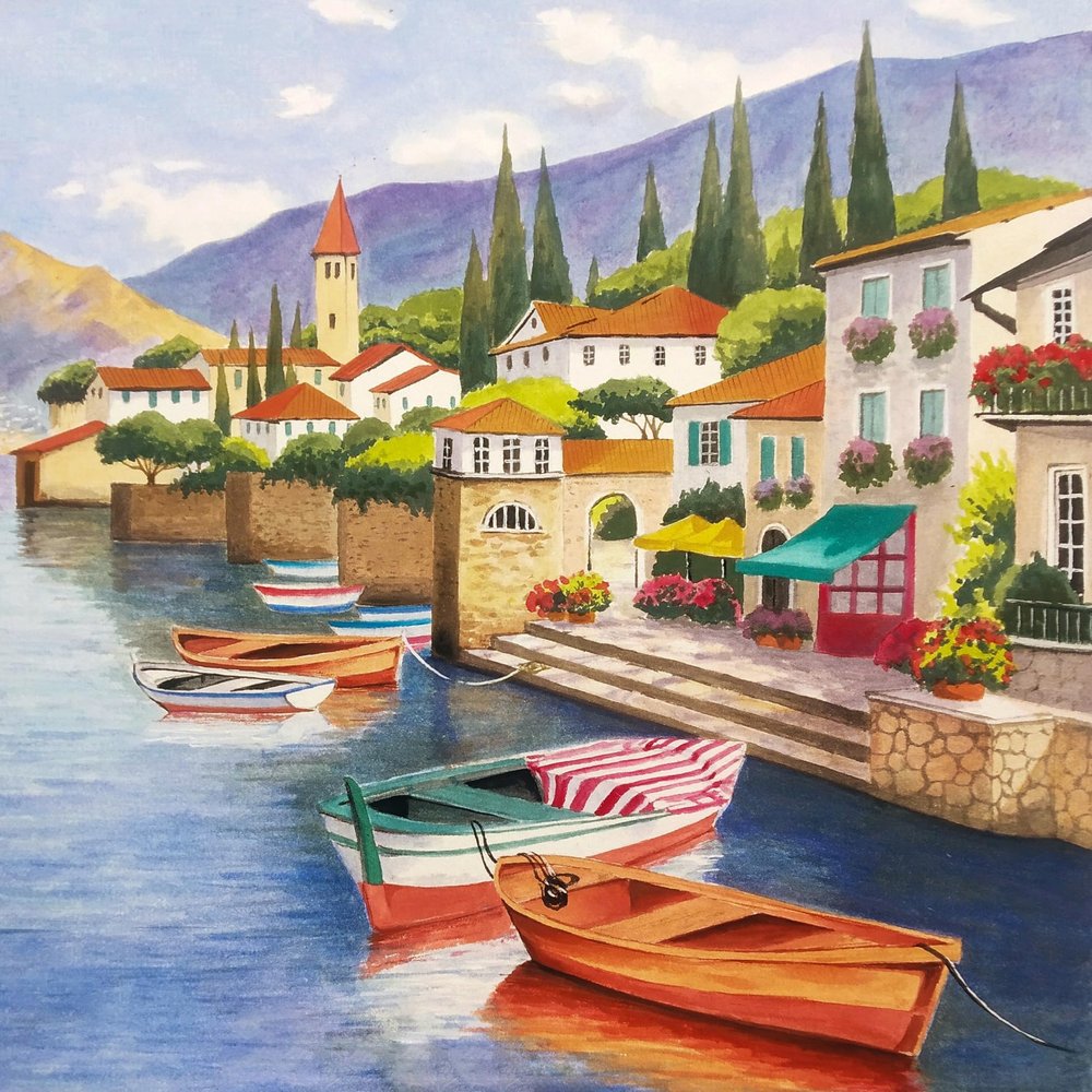 Anniversary House Tiflair Lake Como Italy Vacation Scene with Boats Paper Lunch Napkins|Pack of 20|33 x 33cm|3ply|for Table Decoration & Decoupage
