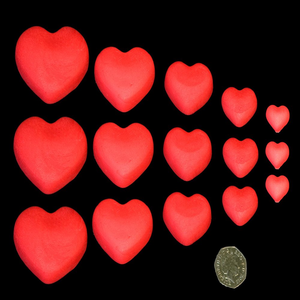 15 x Edible 3D Mixed Sized Icing Red Hearts, 20 colours, toppers, decorations cake, (Red)