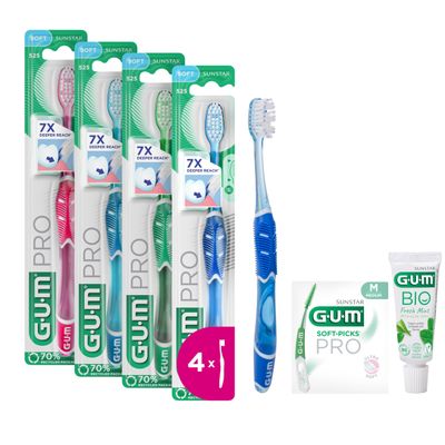 GUM PRO Soft Manual Toothbrush | Tapered bristles | Non-Slip Ergonomic Handle | Compact Head | 1 Piece | 4 x 1 Pieces (with 1 Bonus Sample)