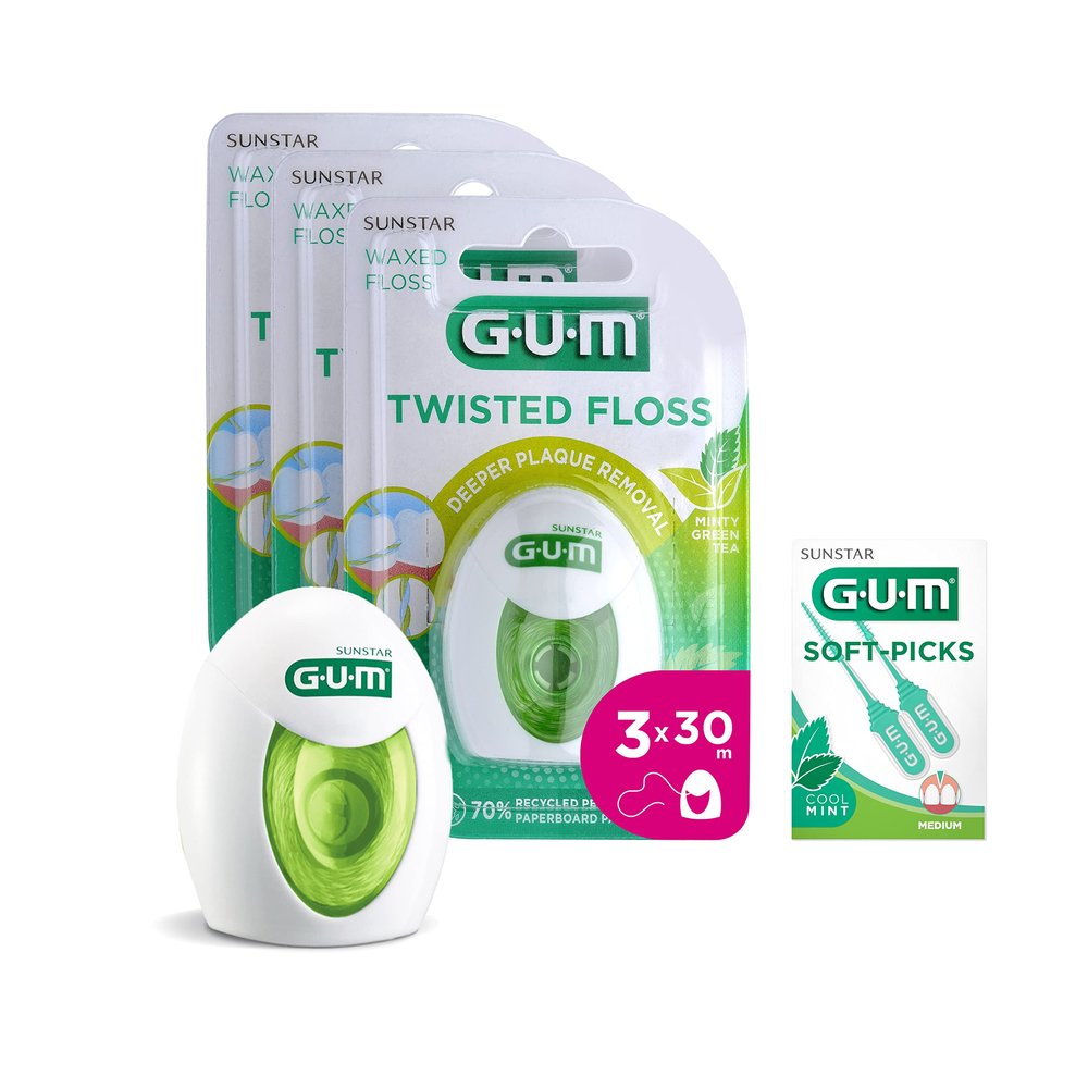 GUM Twisted Floss Dental Floss | removes Plaque from Between Teeth and Below gumline | up to 30% More flossing Surface | 90M | 3 x 1 Pieces (with 1 Bonus Sample)