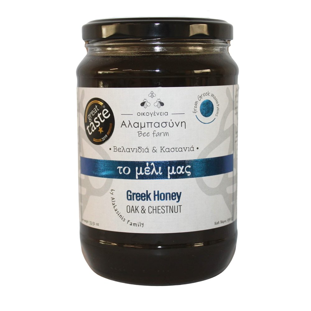 Alabasinis Greek Oak and Chestnut Honey 950g  Raw, Unfiltered & 100% Natural