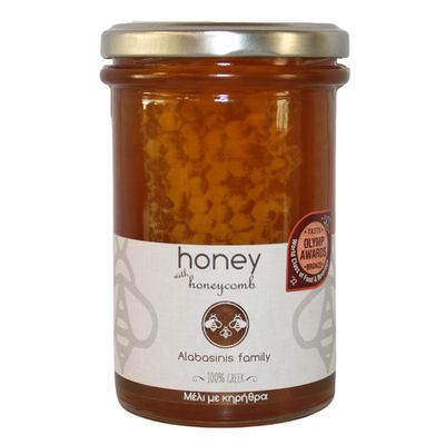Alabasinis Greek Honey with Honeycomb  Raw, Unfiltered & 100% Natural  Artisan Honey from Greece with Edible Honeycomb  400gr