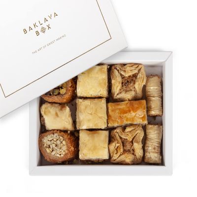 250g Assorted Baklava Gift Box White, authentic, traditional arabic baklawa, luxury presentation box, handmade fresh backlava