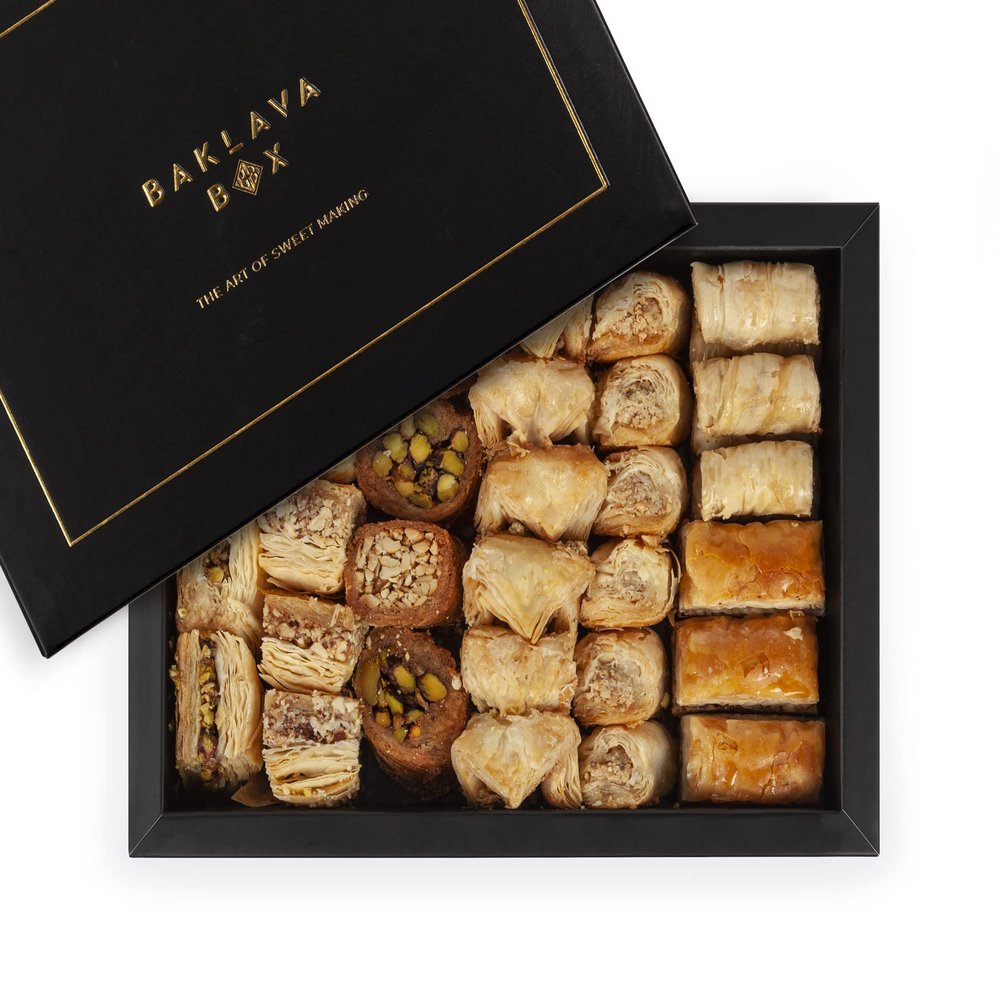 750g Assorted Baklava Gift Box Black, approx 31 pieces, authentic, traditional arabic baklawa, luxury presentation box, handmade fresh backlava