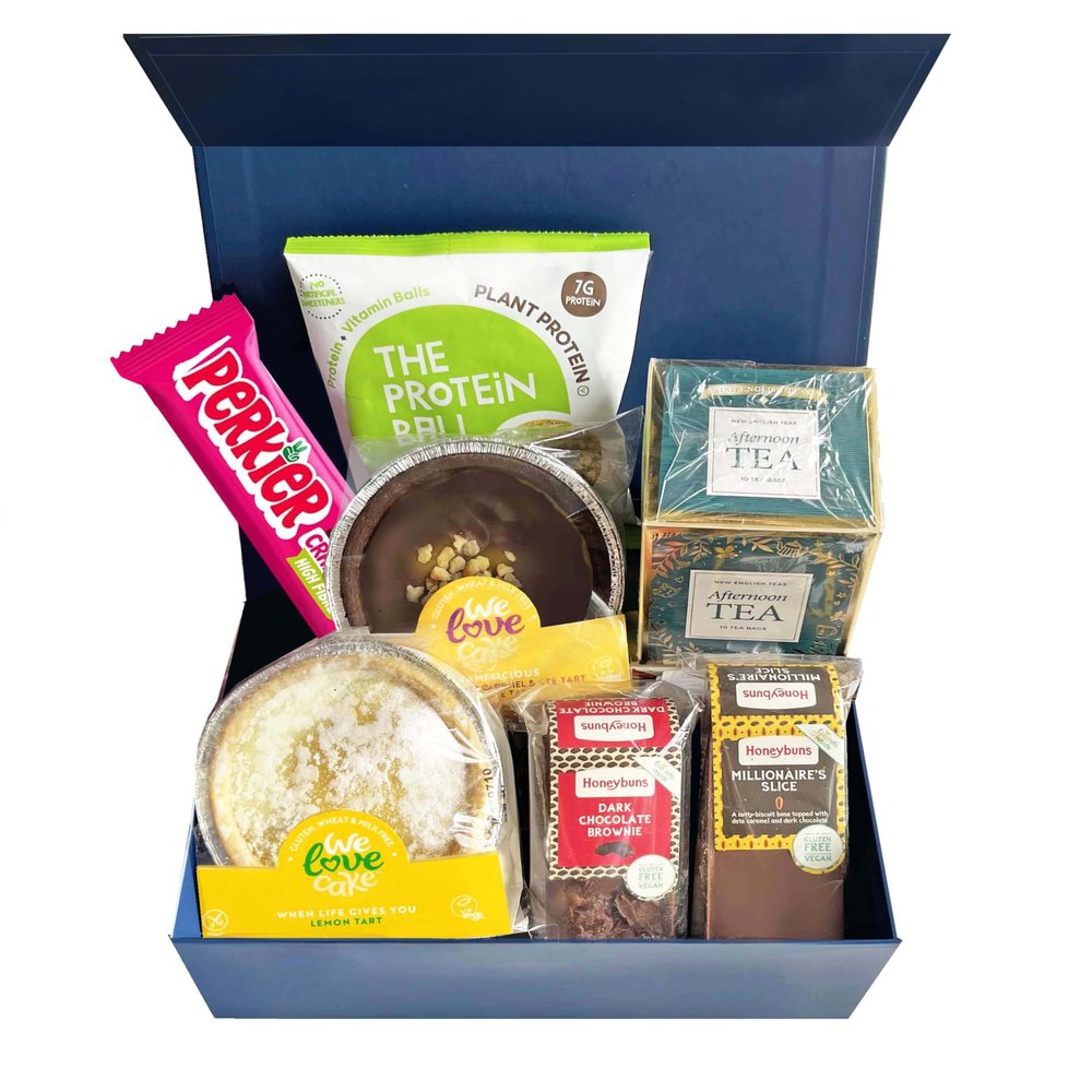 Vegan And Gluten Free Hamper  Afternoon Tea Gift Basket (7Pcs) - Luxury Cakes, Tarts, Chocolate Treats and Tea Gifts | Free From Cakes Selection For Women and Men on Any Occasion