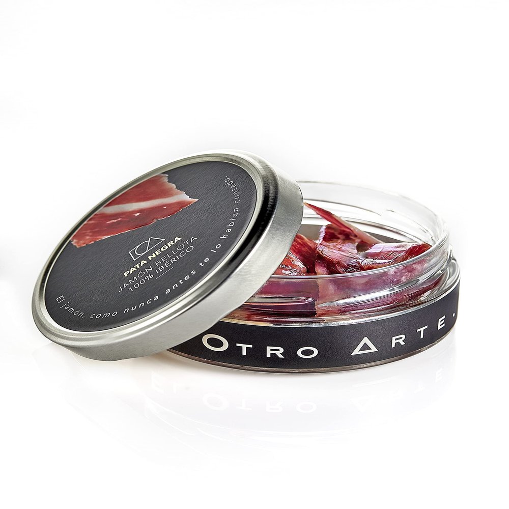 100% Iberian Acorn Ham (100 g.) Packaged in Glass Jar and Knife Cut - Black Leg