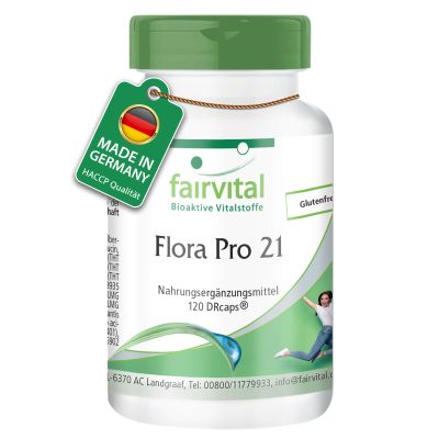Fairvital | Flora Pro 21 - Bacteria Culture Complex - 120 time-Released Capsules - 21 Bacterial strains - 20 Billion Colony Forming Units - Quality Tested and Highly dosed - Made in Germany