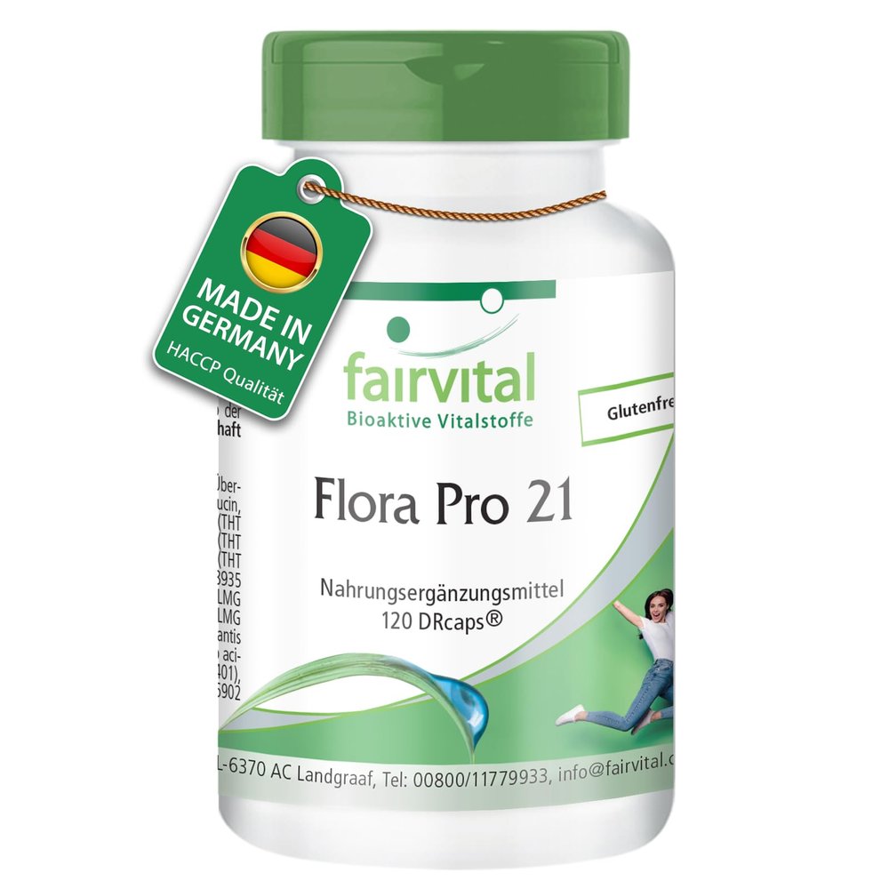 Fairvital | Flora Pro 21 - Bacteria Culture Complex - 120 time-Released Capsules - 21 Bacterial strains - 20 Billion Colony Forming Units - Quality Tested and Highly dosed - Made in Germany