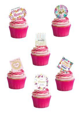 24 Stand Up Happy Birthday Mum Mummy Themed Edible Wafer paper Cake Toppers Decorations