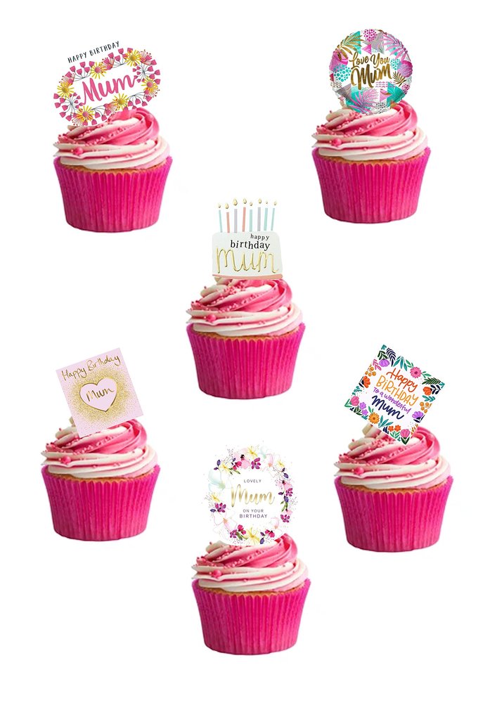 24 Stand Up Happy Birthday Mum Mummy Themed Edible Wafer paper Cake Toppers Decorations
