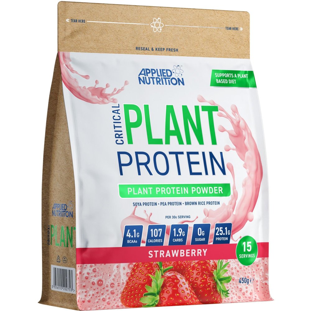 Applied Nutrition Plant Protein Powder  Critical Plant Vegan Protein Shake with SOYA, Pea, Brown Rice Proteins & Essential Amino Acids - Dairy-Free Gym Supplement (450g - 15 Servings) (Strawberry)