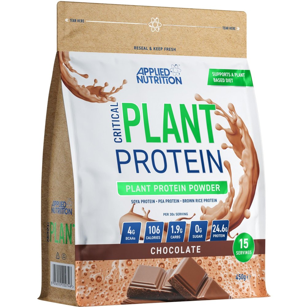 Applied Nutrition Plant Protein Powder  Critical Plant Vegan Protein Shake with SOYA, Pea, Brown Rice Proteins & Essential Amino Acids - Dairy-Free Gym Supplement (450g - 15 Servings) (Chocolate)