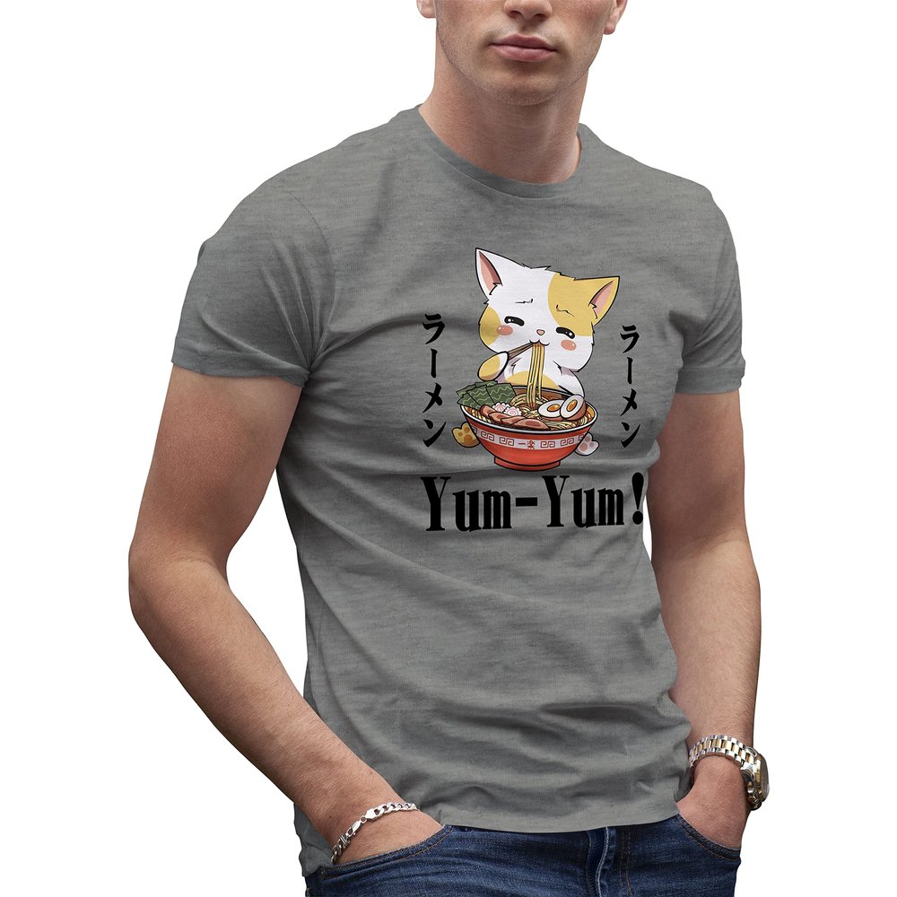 Kawaii Neko Ramen Lover Japanese Noodle Anime Men's Grey T-Shirt Size L