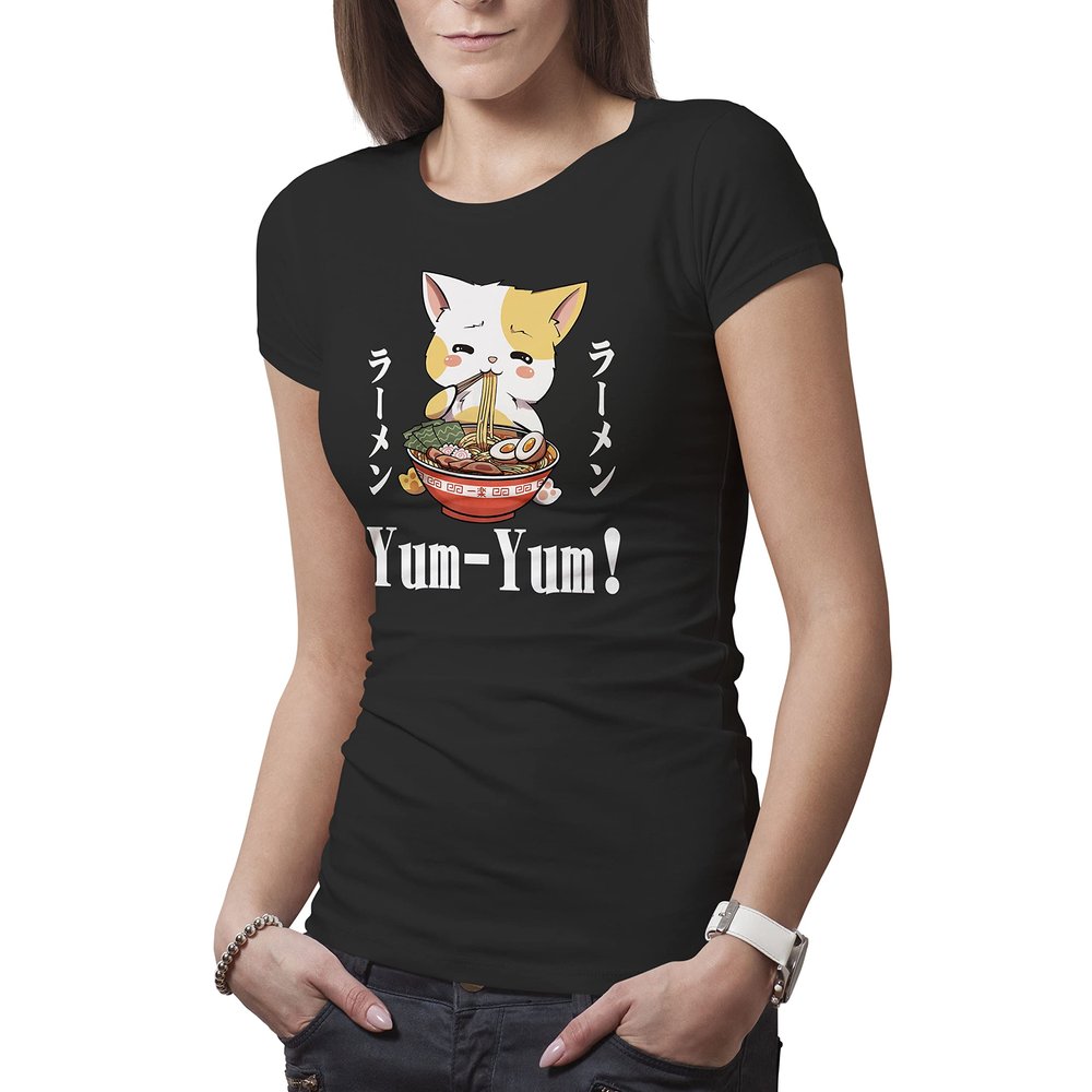 Kawaii Neko Ramen Lover Japanese Noodle Anime Women's Black T-Shirt Size XXL