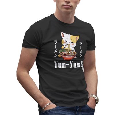 Kawaii Neko Ramen Lover Japanese Noodle Anime Men's Black T-Shirt Size S