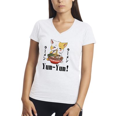 Kawaii Neko Ramen Lover Japanese Noodle Anime Women's V-Neck White Shirt Size S