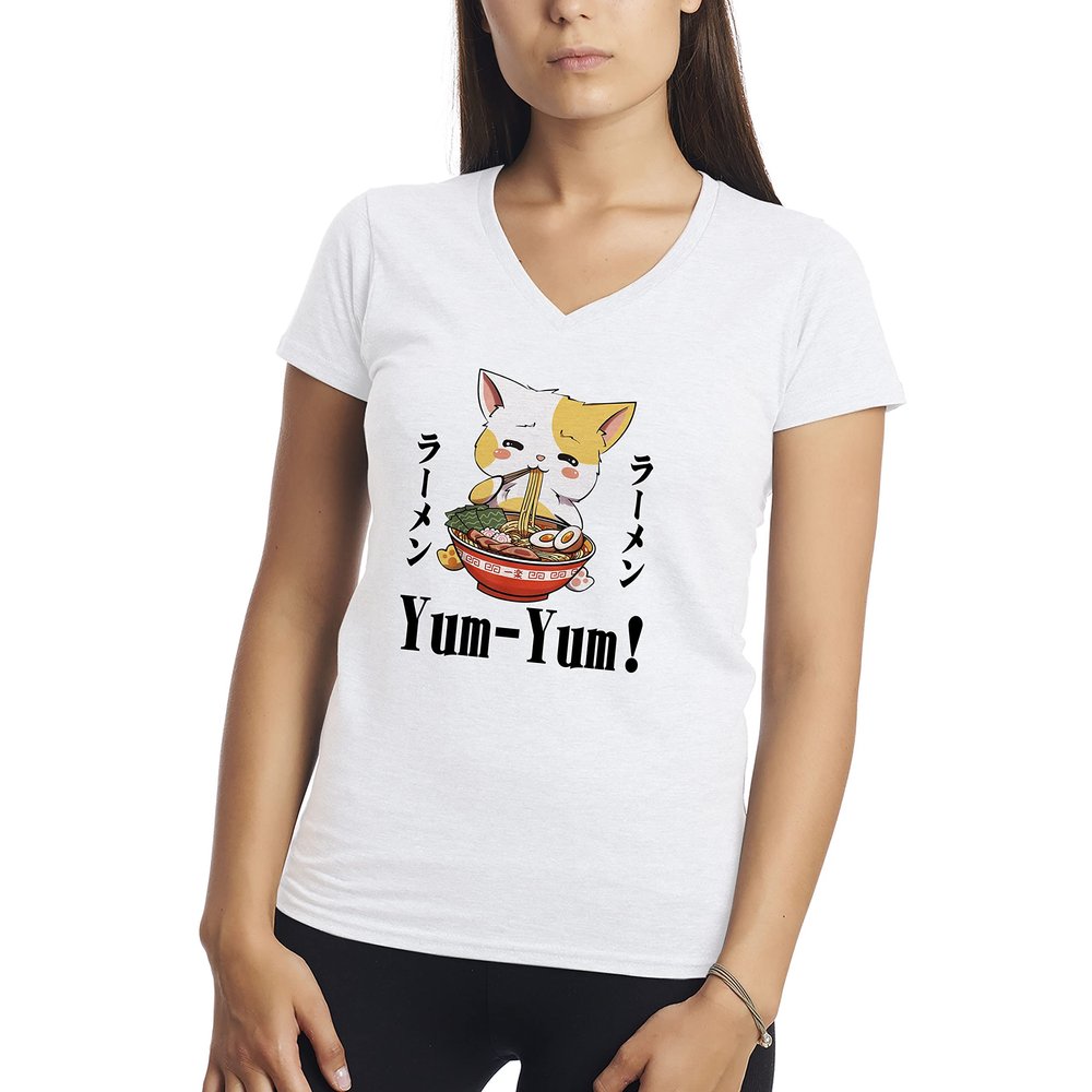 Kawaii Neko Ramen Lover Japanese Noodle Anime Women's V-Neck White Shirt Size S