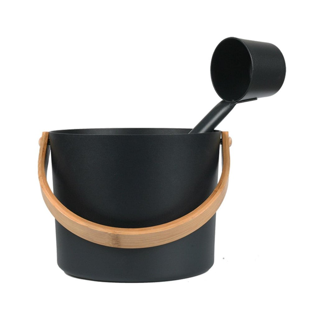 Kisbeibi Aluminum Sauna Bucket and Ladle Set Portable,Sauna Bucket and Long Handle Ladle Cedar,Sauna Steam Water Accessories,Bath Accessories Supplies,Accessories for Sauna Steam Room(Black)