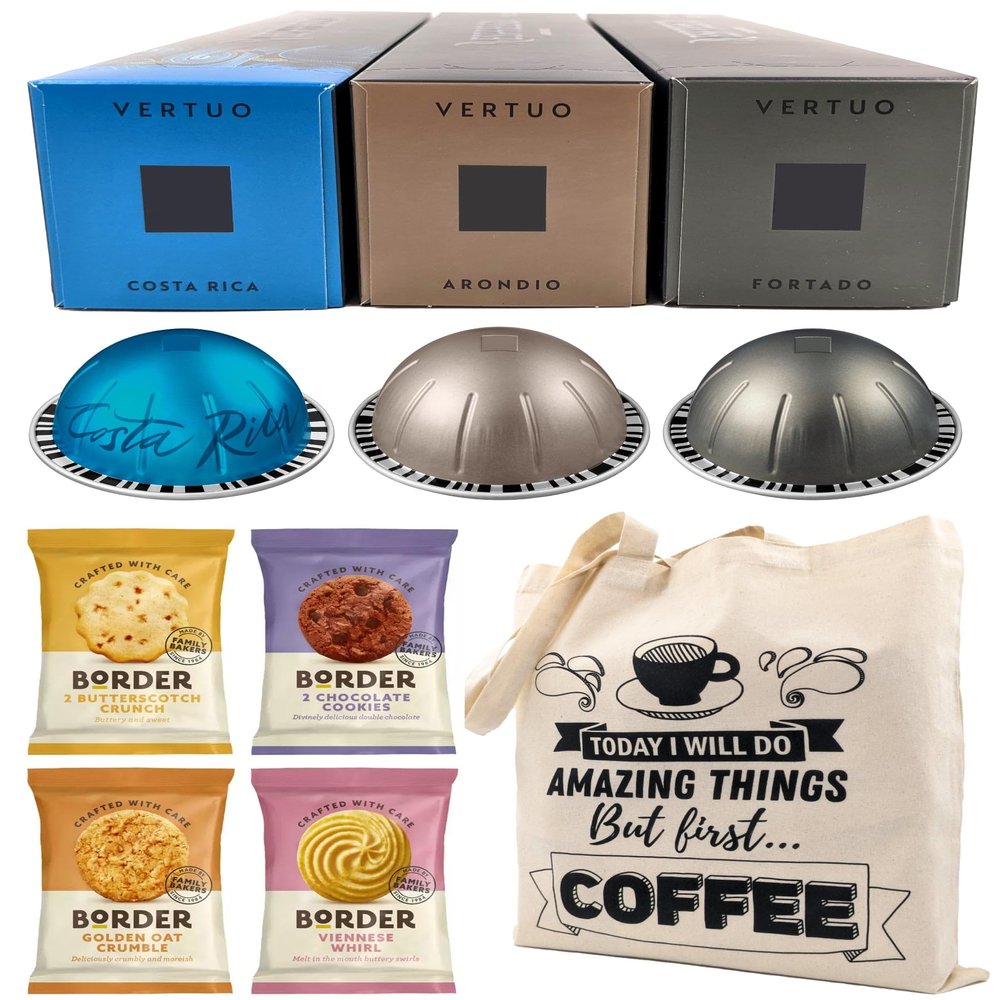 Coffee Pod Variety Pack for Nespresso Vertuo Machine - Fortado, Costa Rica, Arondio - 3 Boxes (30 Pods) Bundled with Border Biscuits and Reusable Tote Bag