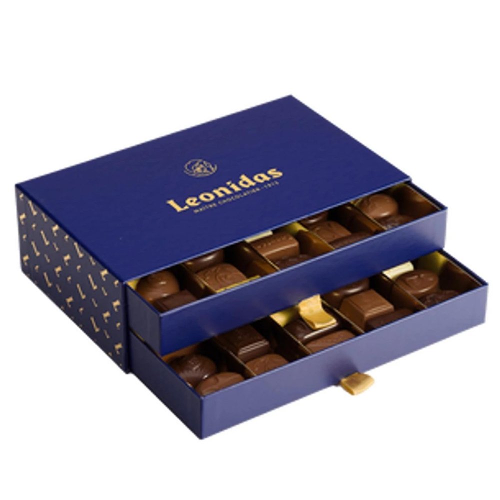 Leonidas Luxury Navy Blue Drawer Box (40 pcs)  Assorted Belgian Chocolates in Milk, Dark & White | Pralines, Truffles, Ganache & Creams | Premium Belgian Chocolatier Gift