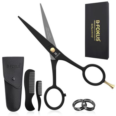 B-FOKUS Professional Mustache Scissors and Beard Scissors, 5 Inches German Stainless Steel Beard Kit for Men Presentation with PU Leather Case, 2 Comb Set, Perfect Mens Facial Hair Grooming Kit