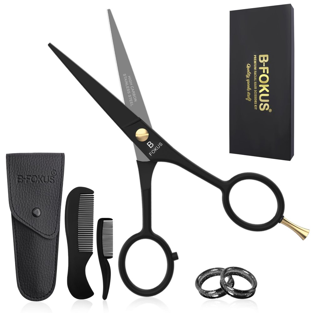 B-FOKUS Professional Mustache Scissors and Beard Scissors, 5 Inches German Stainless Steel Beard Kit for Men Presentation with PU Leather Case, 2 Comb Set, Perfect Mens Facial Hair Grooming Kit