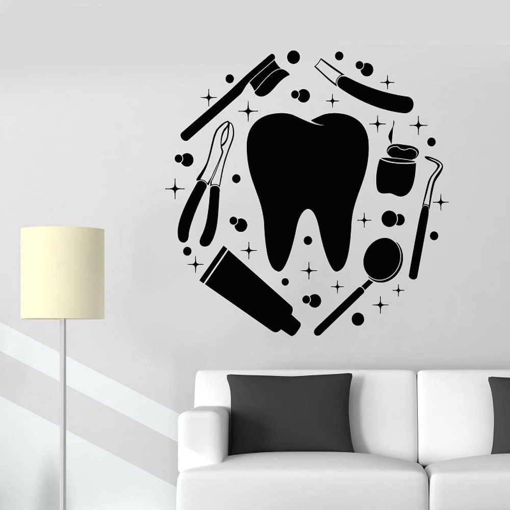 Vinyl Waterproof Non-Peeling Wall Decals Tooth Dental Tools Dental Clinic Oral Sticker Mural, Home Wall Decoration 57cmX57cm