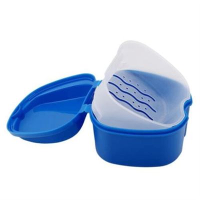 ShanLily Denture Box Denture Case Denture Cup With Strainer Denture Bath Box False Teeth Storage Box navy blue Apple Shape