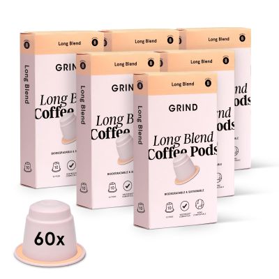 Grind Long Coffee Pods  Pack of 60 Biodegradable Capsules  100% Arabica  Nespresso Original Compatible  Home Compostable  Barista Quality and Specialty Grade  Medium Roast