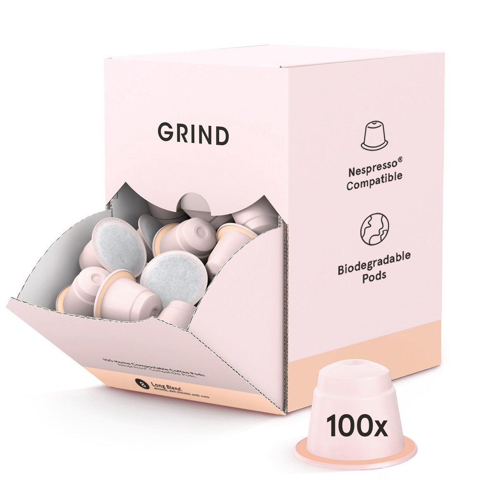 Grind Long Coffee Pods Pack of 100 Biodegradable Capsules 100% Arabica Nespresso Original Compatible Home Compostable Barista Quality and Specialty Grade Medium Roast