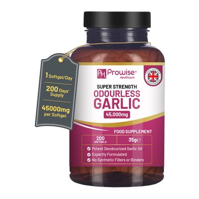 Odourless Garlic Capsules | 45,000mg per softgel | 200 softgels (not Tablets) Super High Strength | Cold Pressed and Deodourised Premium Garlic Oil Extract from Allium Sativum