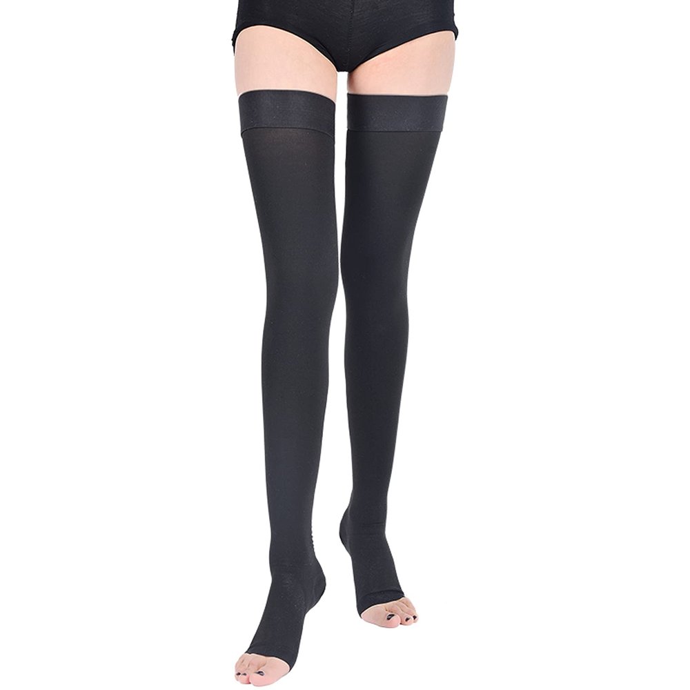 EXENXA Compression Stockings Medical Grade Firm Support Opaque Open Toe Knee High Compression Socks for Varicose Veins Shin Splints Nursing Travel,Black,M (Black S)