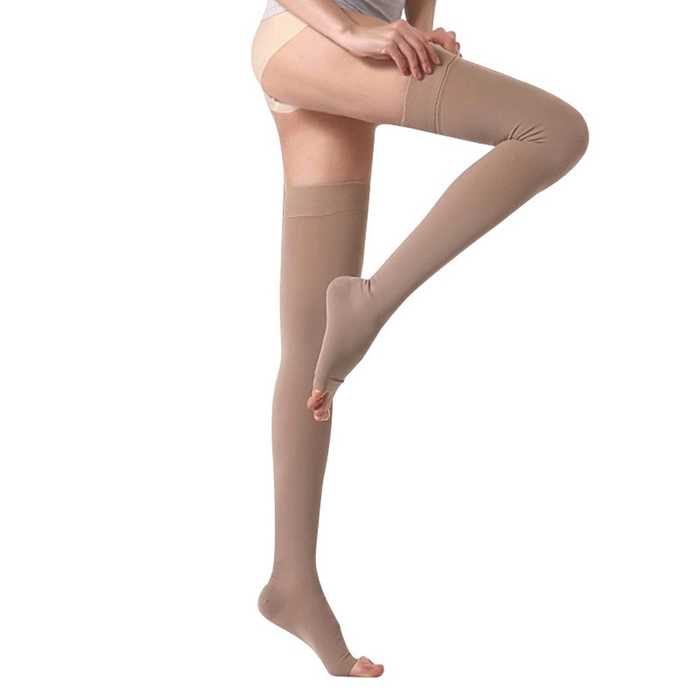 EXENXA Leg Compression Socks Varicose Vein Stocks Anti-Slip Silicone Thigh High Elastic Open Toe Improve Blood Circulation Swelling Postoperative Adjuvant Treatment,L ()