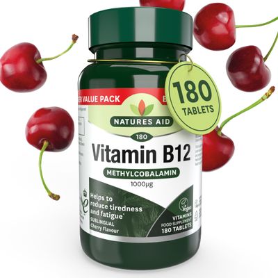 Natures Aid Vitamin B12 1000g  High Strength Methylcobalamin Supplement  Supports Energy & Reduces Tiredness  Vegan, Vegetarian, Gluten Free  Not Gummies or Capsules  180 Tablets