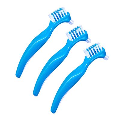 Pack of 3 Portable Denture Cleaning Brushes with Moderate Multi-Layer Bristles, Double Sided Brush for Cleaning False Teeth - Blue