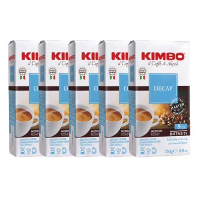 Kimbo Coffee Decaf Ground 5 x 250g Multipack | Decaffeinated Ground Italian Coffee Medium Roast | Delicate Aroma & Intense Taste
