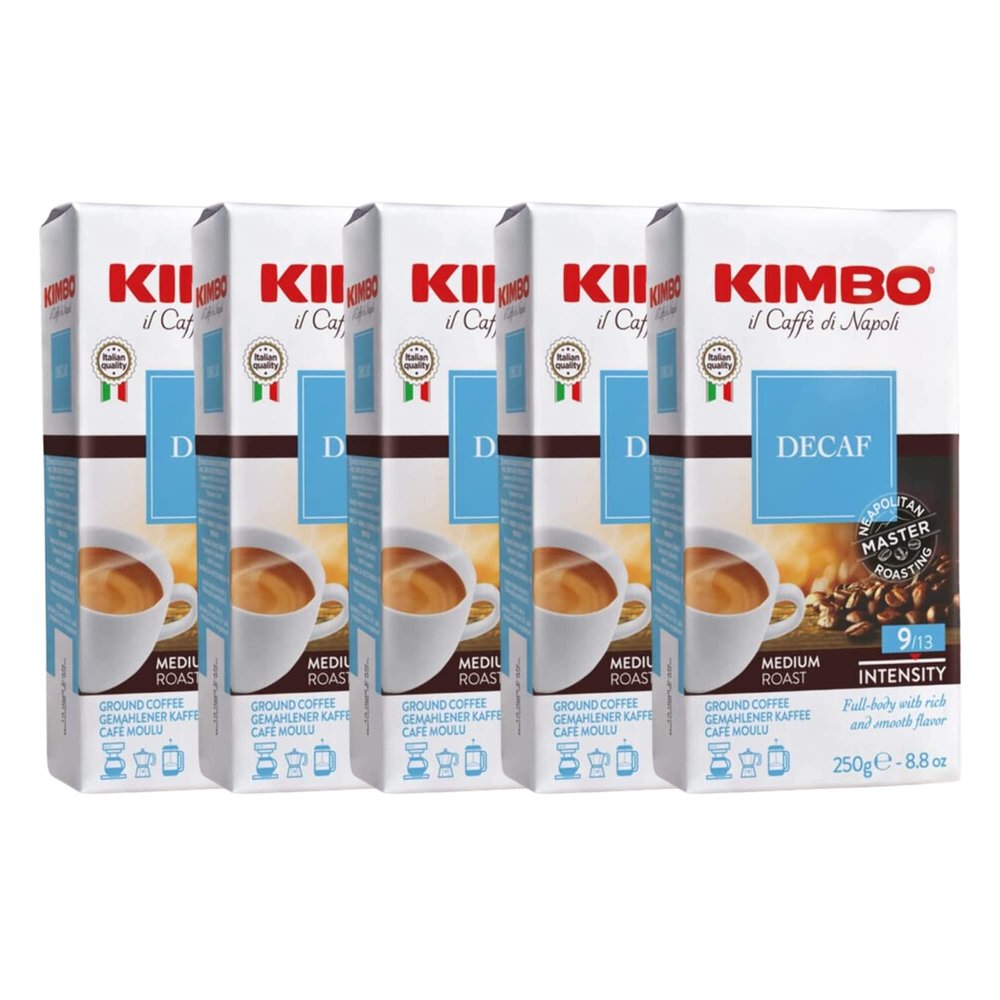 Kimbo Coffee Decaf Ground 5 x 250g Multipack | Decaffeinated Ground Italian Coffee Medium Roast | Delicate Aroma & Intense Taste