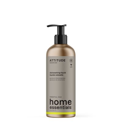 ATTITUDE Washing Up Liquid, EWG Verified, Plant and Mineral-Based Ingredients, Vegan Household Products, Geranium and Lemongrass, Refillable Aluminum Bottle, 473 mL