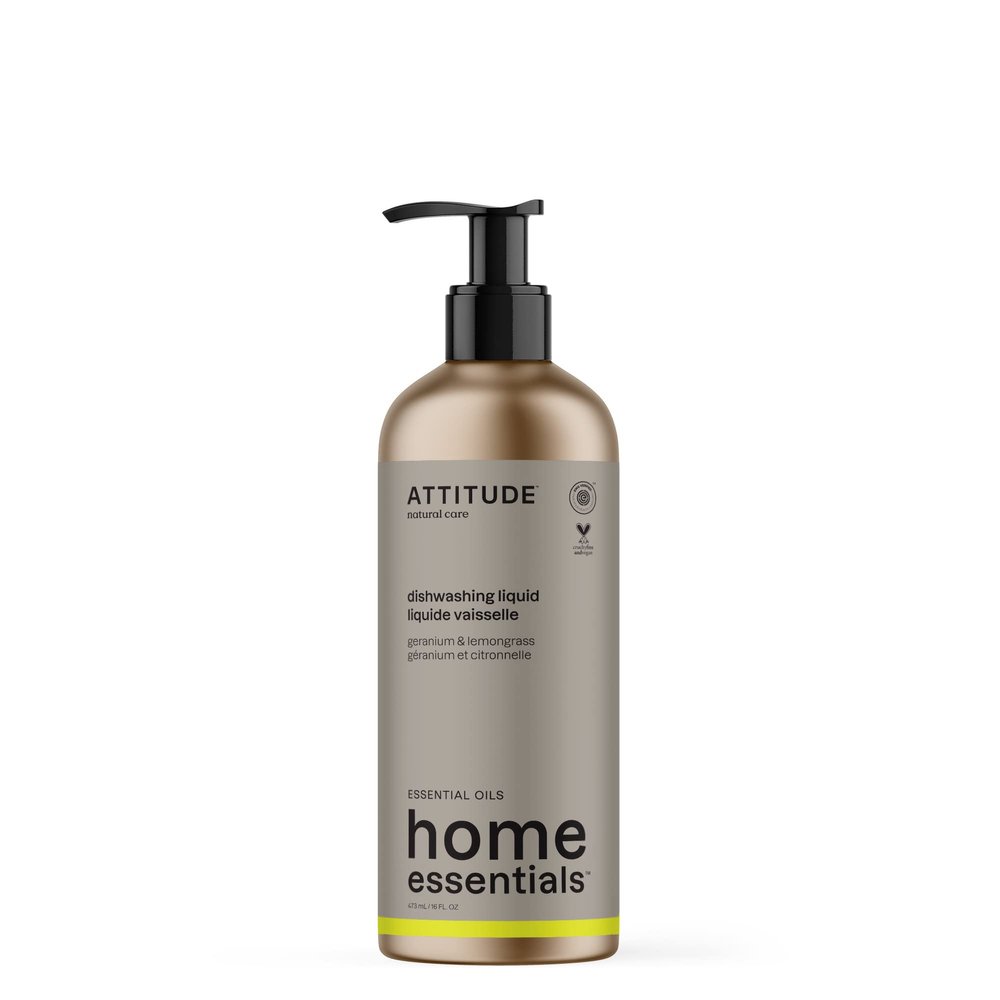 ATTITUDE Washing Up Liquid, EWG Verified, Plant and Mineral-Based Ingredients, Vegan Household Products, Geranium and Lemongrass, Refillable Aluminum Bottle, 473 mL