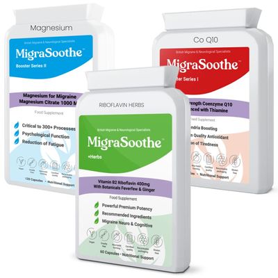 MigraSoothe + Herbs Migraine Triple Pack - Migraine Relief Nice NHS Riboflavin, Feverfew, Ginger, Magnesium & CoQ10 Stack UK Made (240)