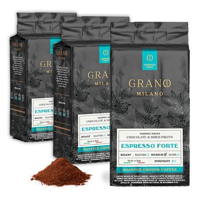 Grano Milano Ground Coffee 750g, Espresso Forte Arabica and Robusta, Medium Roast Intensity 4/5 Coffee, Made in Italy