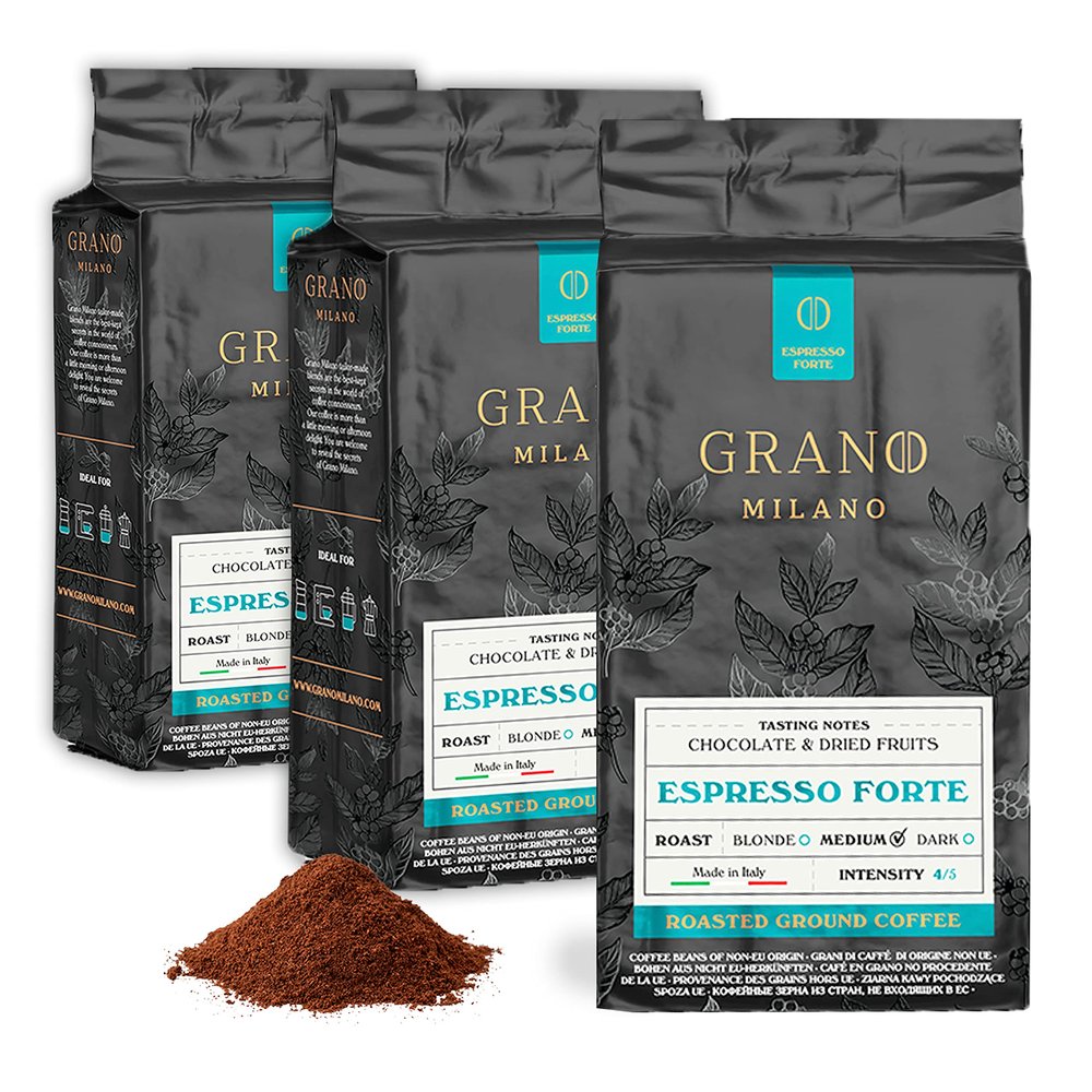 Grano Milano Ground Coffee 750g, Espresso Forte Arabica and Robusta, Medium Roast Intensity 4/5 Coffee, Made in Italy