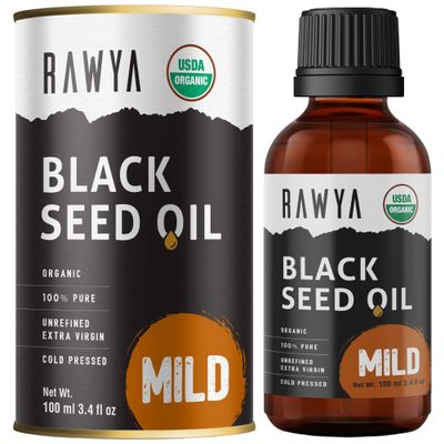 Rawya Black Seed Oil Organic Cold Pressed, 100 ml, Mild Taste, High TQ, Unfiltered, Glass Bottle. Great for Skin, Hair, Health Boost, Balaayah Black Gram Oil