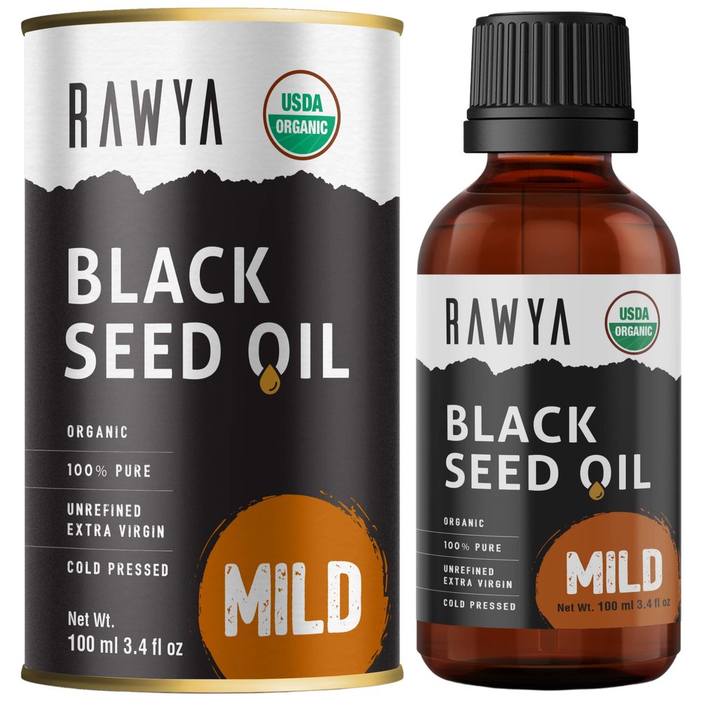 Rawya Black Seed Oil Organic Cold Pressed, 100 ml, Mild Taste, High TQ, Unfiltered, Glass Bottle. Great for Skin, Hair, Health Boost, Balaayah Black Gram Oil