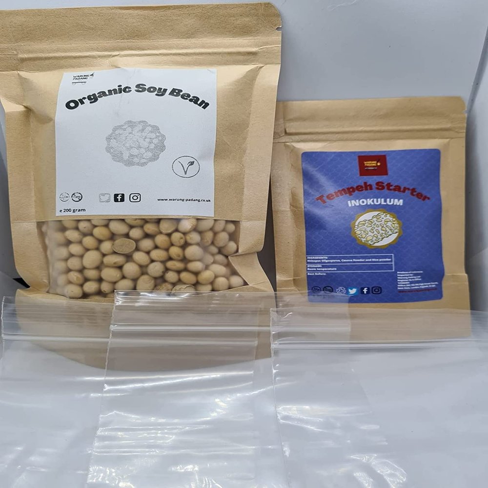 Easy TEMPEH Kits, Organic Tempeh Starter, Organic Soybean, Plastic & Manual (35g Starter, 200g Organic Soybean, 3 Plastics)