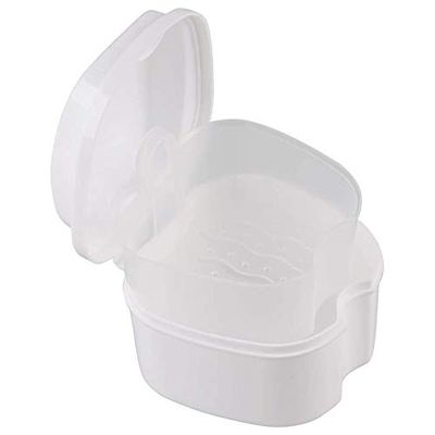 RIYAN White Denture Case, Denture Cup with Strainer, Denture Bath Box Teeth Storage Box with Basket Net Container Holder for Travel
