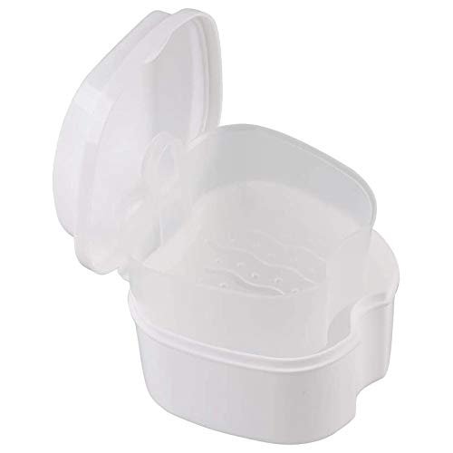 RIYAN White Denture Case, Denture Cup with Strainer, Denture Bath Box Teeth Storage Box with Basket Net Container Holder for Travel