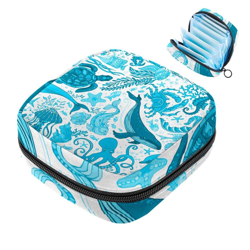 Blue Underwater Sea Life Boundless Sanitary Napkin Storage Bag Menstrual Pad Bag Portable Menstrual Cup Pouch with Zipper for Teen Girls Women Ladies