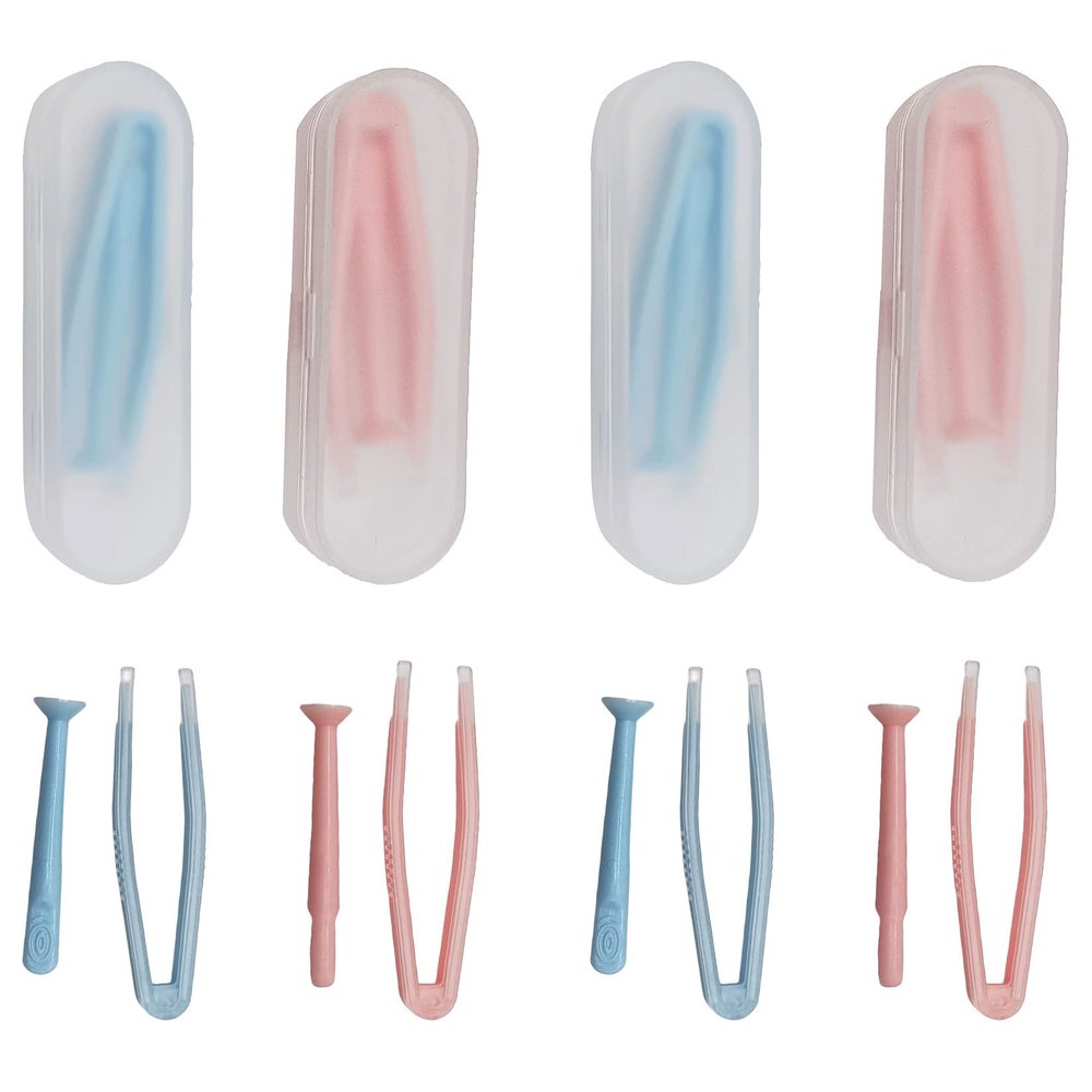 Fofuyim 4 Pack Contact Lens Remover and Inserter Tool for Soft Lenses, Portable Contact Lens Applicator with Tweezers & Storage Case for Outgoing, Travelling - Pink & Blue